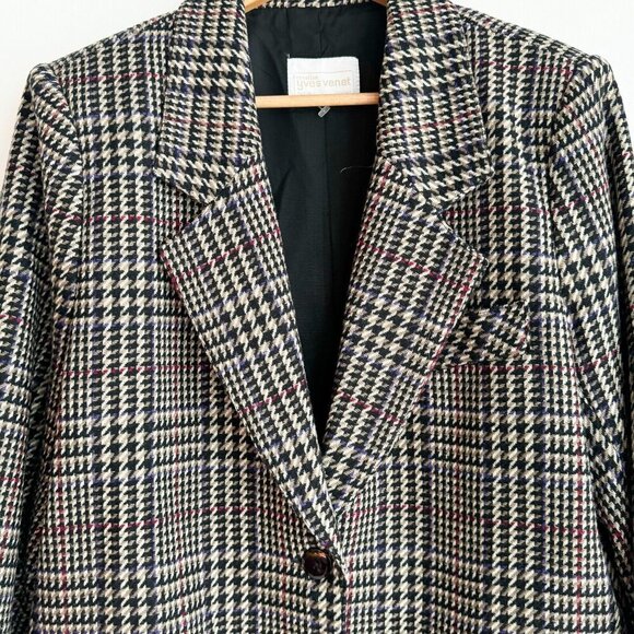 Vintage Yves Venet Houndstooth Plaid Classic Wool Blazer L - Picture 5 of 9